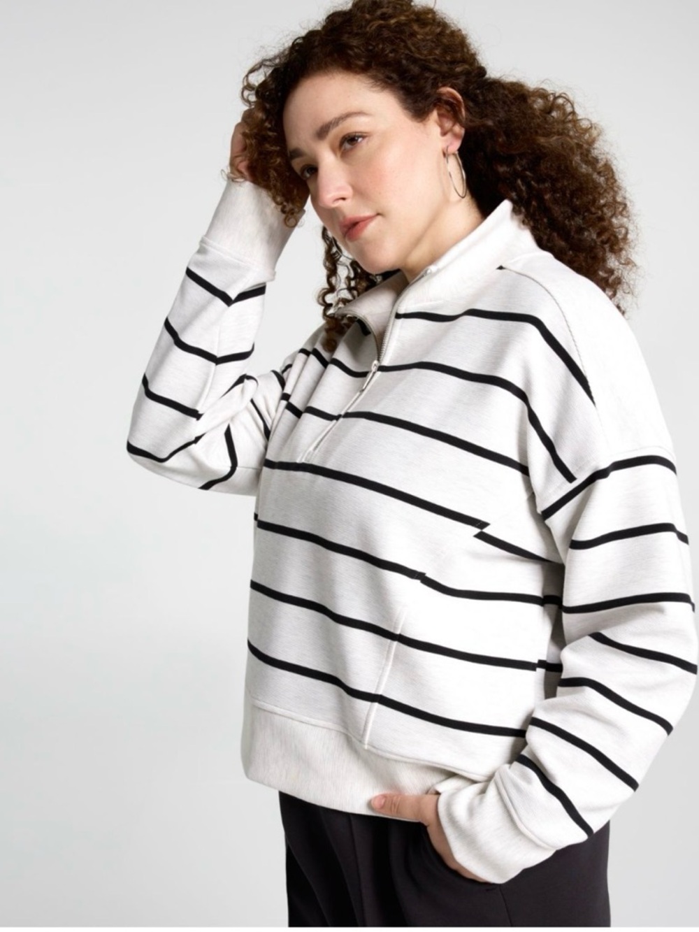 CALIA Soft Scuba 1/4 Zip Striped Pullover — White with Black Stripes